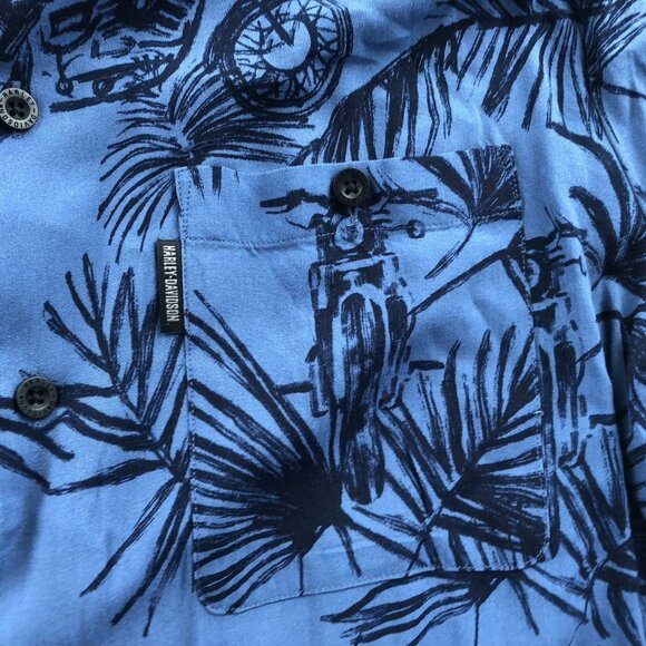 Harley-Davidson Mens Hawaiian Shirt Large Short Sleeve Blue Casual Moto Leaf Y2K - Picture 7 of 14